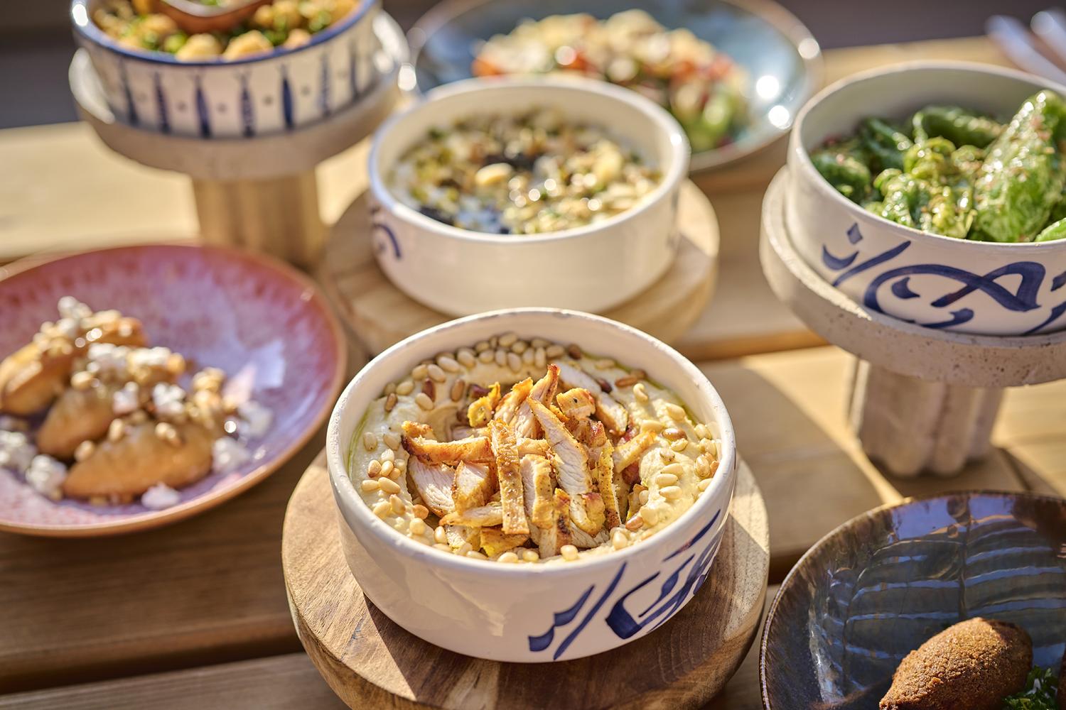 Hummus met kip en geroosterde pijnboompitten